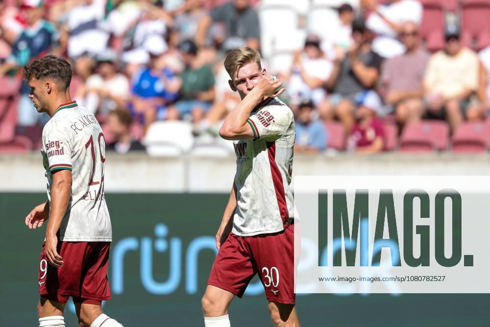 Goal celebration by Robin Fellhauer (19, FC Augsburg) and Anton Kade (30, FC Augsburg) after the equalizer (2–2), FC Augsburg vs. US Sassuolo Calcio, Soccer, Bundesliga 1, Friendly Match, 2026–27 Season, August 8, 2026, Augsburg, Bavaria, Germany