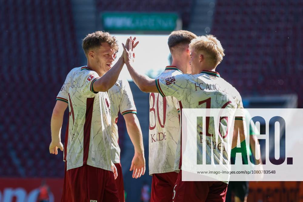Goal celebration by Robin Fellhauer (19, FC Augsburg) and Hennes Behrens (16, FC Augsburg) after the 3-2 goal, FC Augsburg vs. US Sassuolo Calcio, Soccer, Bundesliga 1, Friendly Match, 2026-27 Season, August 8, 2026, Augsburg, Bavaria, Germany