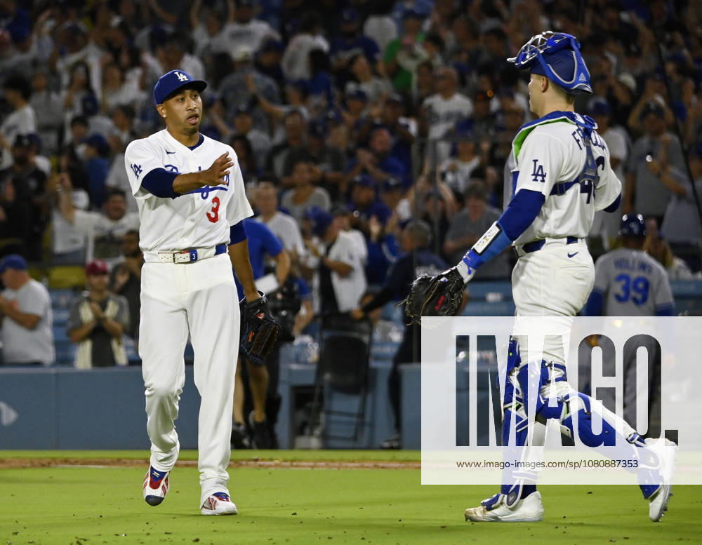 Los Angeles Dodgers closing pitcher Edwin Diaz celebrates with catcher Hunter Feduccia after securing his first save of August , closing out a 6-5 win over the Kansas City Royals after two blown saves in Arizona at Dodger Stadium in Los Angeles on Monday, August 10, 2026. LAP2026081002 JIMxRUYMEN