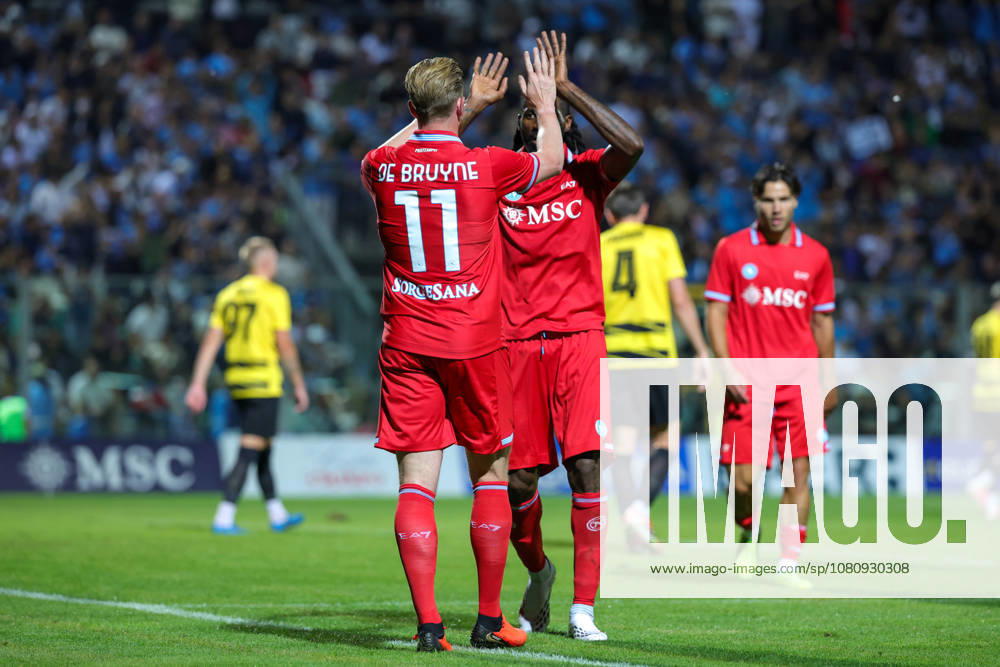 Napolis Kevin De Bruyne celebrates after scoring goal 3-1 during the friendly match Napoli and Aris Salonicco at the Teofilo Patini Stadium in Castel Di Sangro, Central Southern Italy - Tuesday, August 12 , 2026. - Soccer .