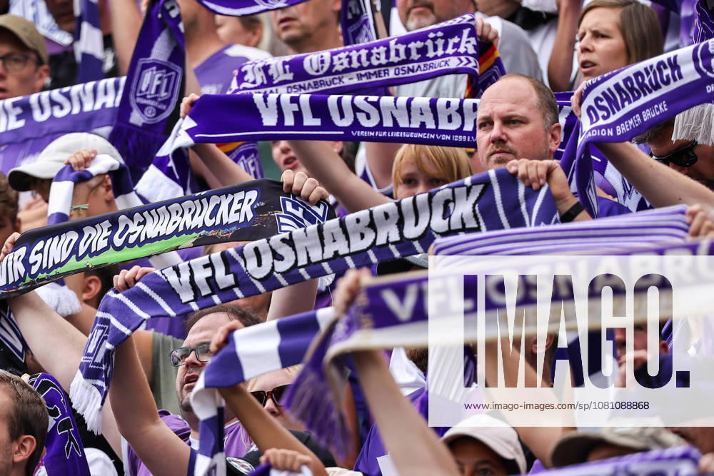 Soccer, 2. Bundesliga, VfL Osnabrück vs. 1. FC Magdeburg, Stadion an der Bremer Brücke, Matchday 2, 2026–2027 season; fans wearing scarves with Osnabrück written on them. DFB regulations prohibit any use of photographs as image sequences and or quasi-video. Photo: WilkowskixPressefotoKochx, Lower Saxony, Germany
