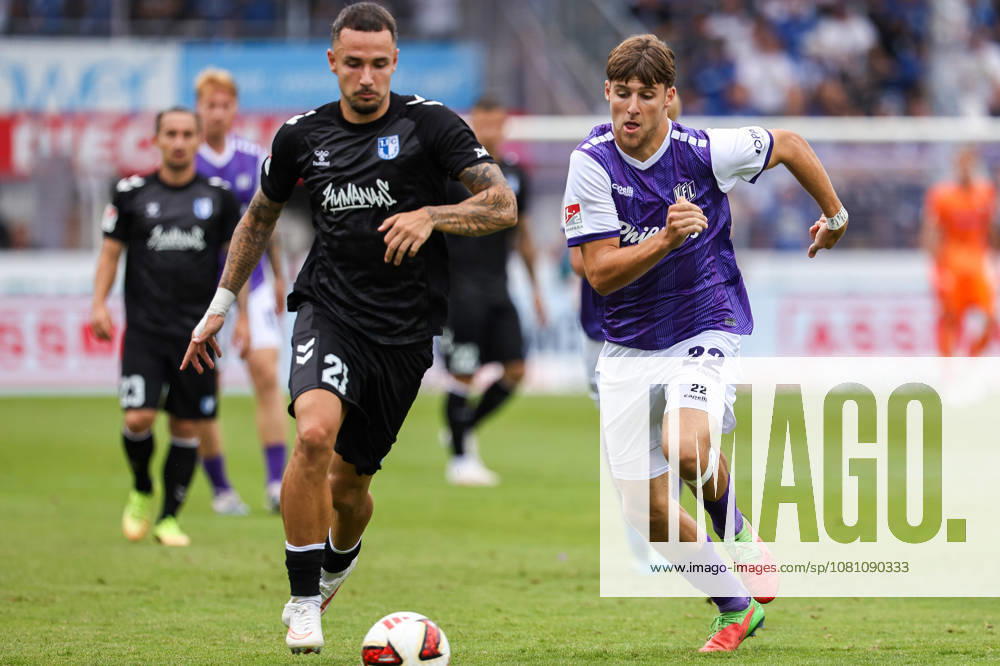 Soccer, 2. Bundesliga, VfL Osnabrück 1 FC Magdeburg, Stadion an der Bremer Brücke, Matchday 2, 2026–2027 Season: Falko Michel (1 FC Magdeburg) 21 in a tackle against Bernd Riesselmann (VfL Osnabrück) 22. DFB regulations prohibit any use of photographs as image sequences and or quasi-video. Photo: WilkowskixPressefotoKochx, Lower, Germany