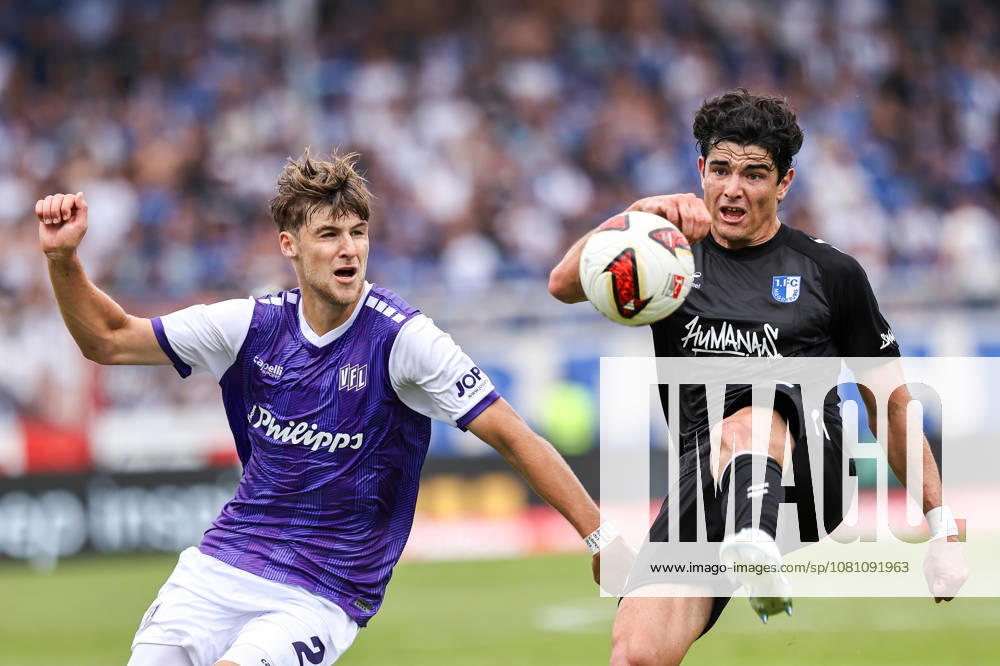 Soccer, 2. Bundesliga, VfL Osnabrück vs. 1. FC Magdeburg, Stadion an der Bremer Brücke, Matchday 2, 2026–2027 Season: Anselmo Garcia MacNulty of 1. FC Magdeburg (3) in a tackle against Bernd Riesselmann of VfL Osnabrück (22). DFB regulations prohibit any use of photographs as image sequences and or quasi-video. Photo: WilkowskixPressefotoKochx Lower Saxony, Germany
