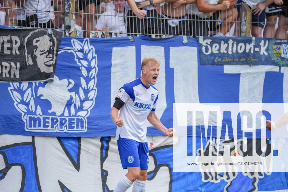 German Soccer, 3rd Division, Matchday 2, Hänsch Arena, SV Meppen vs. SG Sonnenhof Großaspach; goal by Luca Prasse (SV Meppen) in the 31st minute, followed by goal celebrations