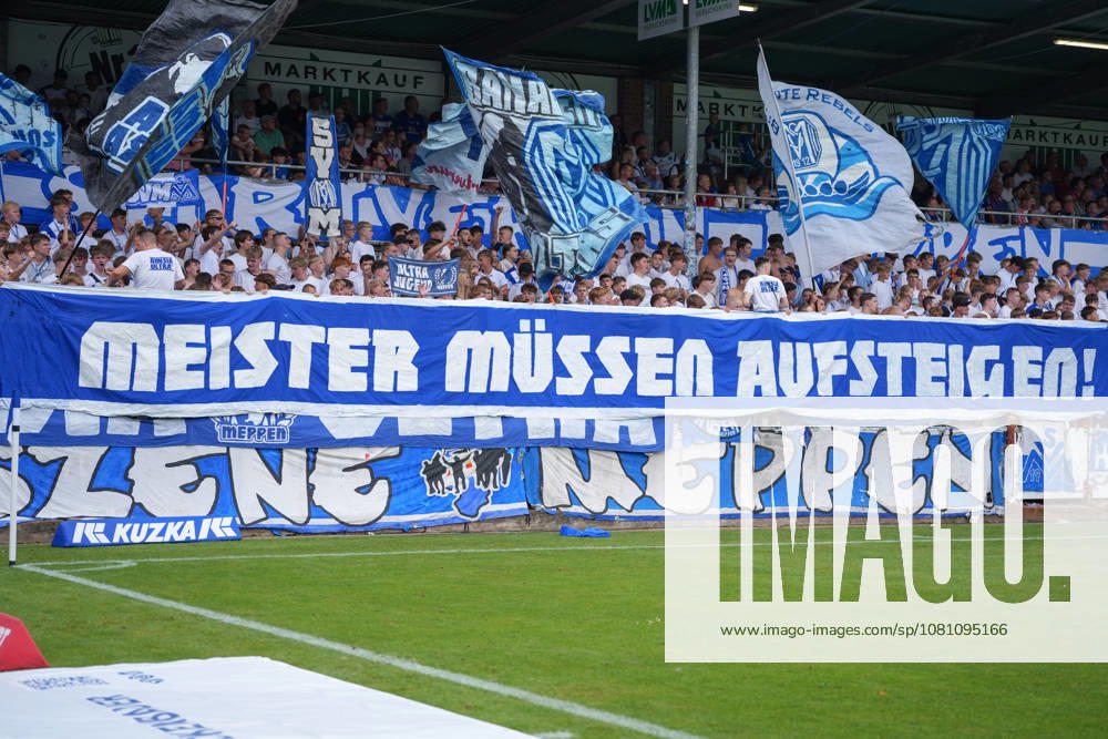 German Soccer, 3rd Division, Matchday 2, Hänsch Arena, SV Meppem vs. SG Sonnenhof Großaspach— Champions Must Be Promoted banner in the Meppen section