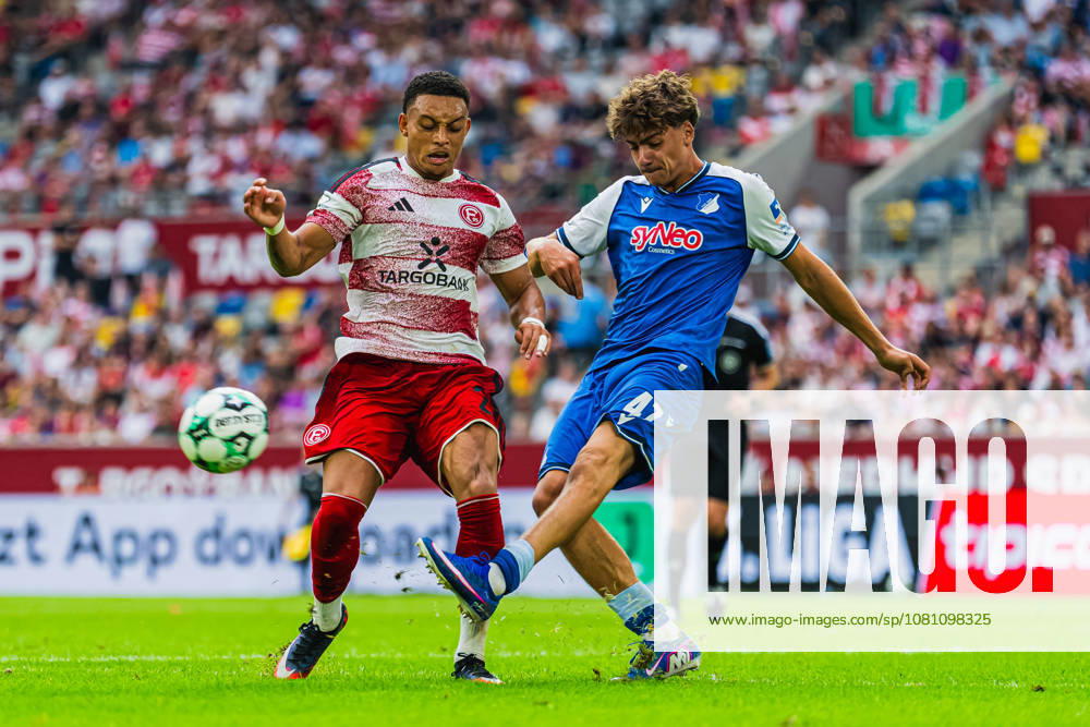 Steven van der Sloot (Fortuna Düsseldorf, 02) loses possession in a tackle with Maximilian Theuer (TSG Hoffenheim II, 47) Fortuna Düsseldorf vs. TSG Hoffenheim II, Soccer, 3. Liga, Matchday 02, 2026–27 Season, August 15, 2026, DFL regulations prohibit any use of photographs as image sequences and or quasi-video. Fortuna Düsseldorf vs. TSG Hoffenheim II, Soccer, 3. Liga, Matchday 2, 2026–27 Season, August 15, 2026, Düsseldorf