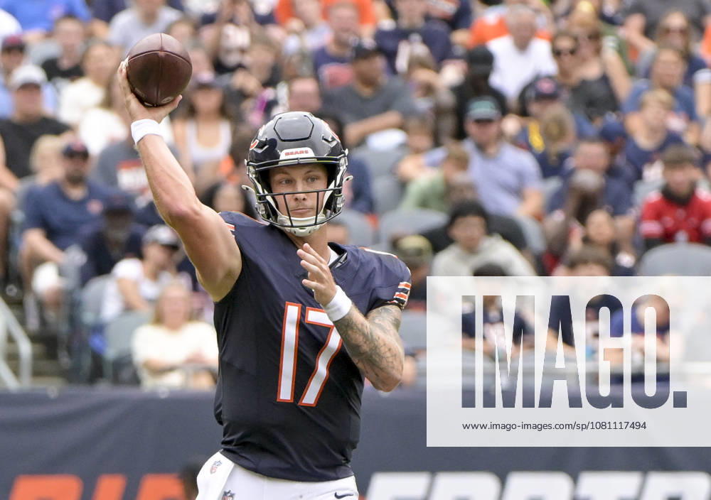 Chicago Bears quarterback Tyson Bagent (17) passes the ball in the second quarter against the Cleveland Browns during a preseason game at Soldier Field in Chicago on Saturday, August 15, 2026. CHI20260815106 MARKxBLACK