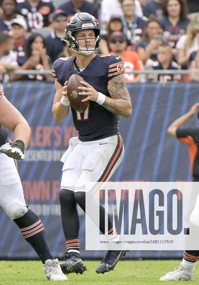 Chicago Bears quarterback Tyson Bagent (17) looks for an open receiver in the second quarter against the Cleveland Browns during a preseason game at Soldier Field in Chicago on Saturday, August 15, 2026. CHI20260815113 MARKxBLACK