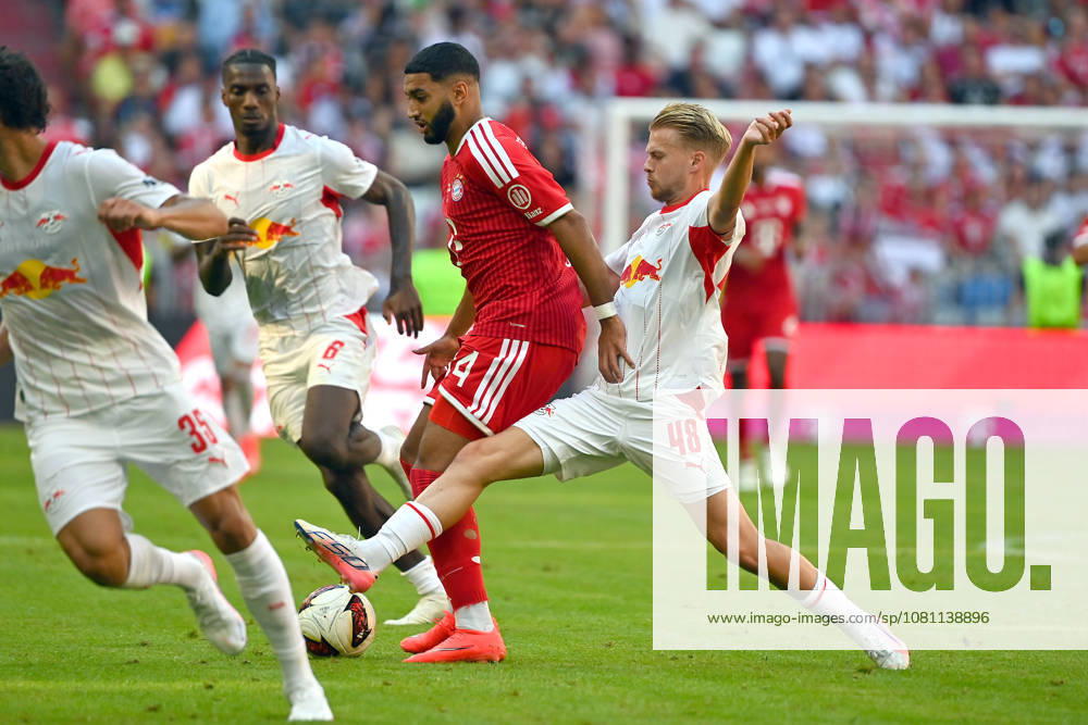 Ismael SAIBARI, Bayern Munich, Action, Tackle against Arthur VERMEEREN, Soccer, Telekom Cup, FC Bayern Munich vs. RB Leipzig, 3–1, August 15, 2025, ALLIANZ ARENA