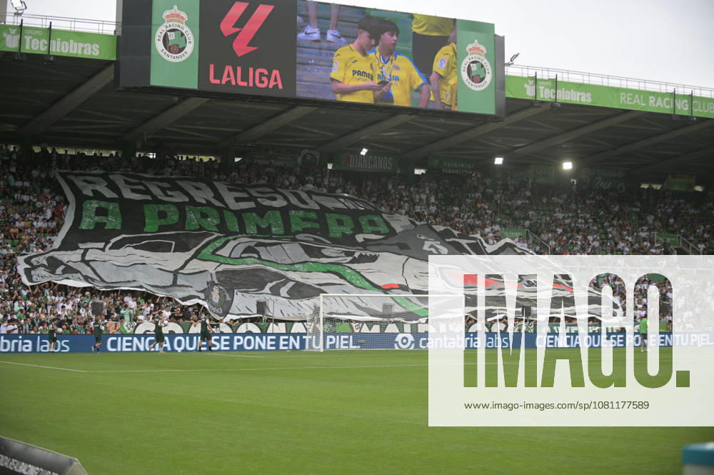 ESP LaLiga EA Sports: Racing Santander vs. Villarreal CF—racing fans display a tifo during the LaLiga EA Sports match between Racing Santander and Villarreal CF, played at the Campos de Sport de El Sardinero Stadium in Cantabria on August 16, 2026, in Spain. Spanish Soccer