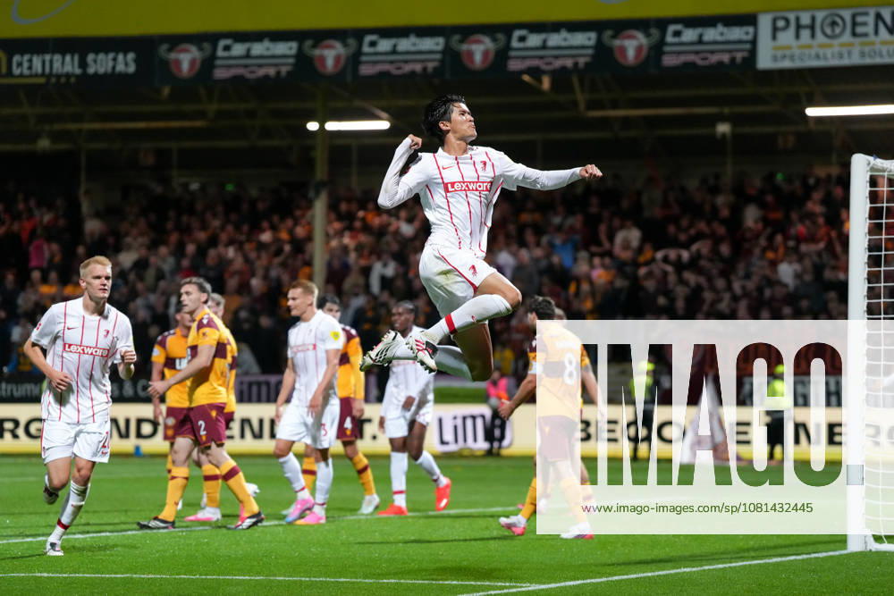 Keisuke Goto SC Freiburg, 42 goal celebration, emotions, shot on goal, finish, goal scored, goal, Scotland, soccer, UEFA Conference League, playoffs, first leg, 2026–2027, Motherwell FC vs. SC Freiburg, August 20, 2026, Fir Park Stadium, Motherwell, Motherwell, Fir Park Stadium, North Lanarkshire, Scotland