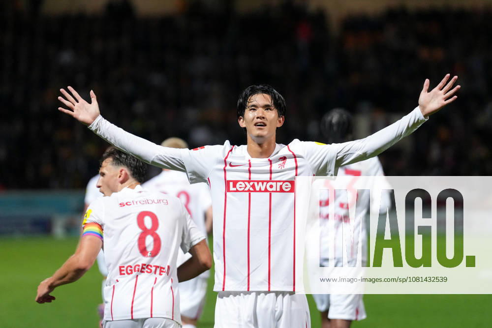 Keisuke Goto, SC Freiburg, 42, goal celebration, emotions, shot on goal, shot, goal scored, goal, Scotland, soccer, UEFA Conference League, playoffs, first leg, 2026–2027, Motherwell FC vs. SC Freiburg, August 20, 2026, Fir Park Stadium, Motherwell, North Lanarkshire, Scotland