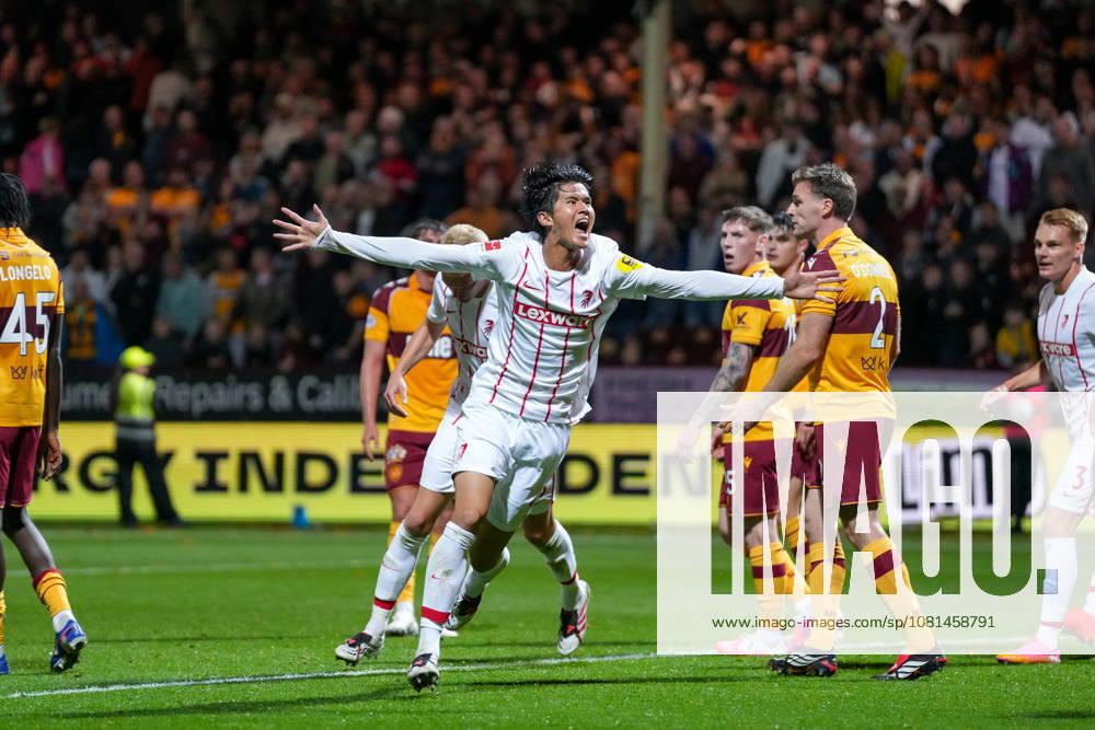 Keisuke Goto, SC Freiburg, 42, goal celebration, emotions, shot on goal, finish, goal scored, goal, Scotland, soccer, UEFA Conference League, playoffs, first leg, 2026–2027, Motherwell FC vs. SC Freiburg, August 20, 2026, Fir Park Stadium, Motherwell, North Lanarkshire, Scotland