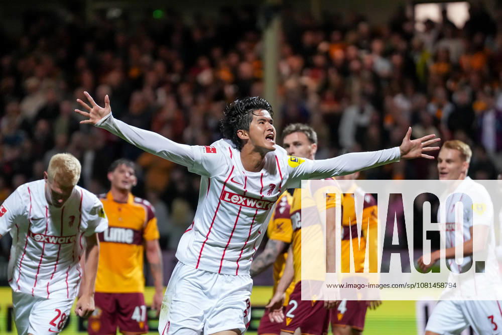 Keisuke Goto, SC Freiburg, 42, goal celebration, emotions, shot on goal, finish, goal scored, goal, Scotland, soccer, UEFA Conference League, playoffs, first leg, 2026–2027, Motherwell FC vs. SC Freiburg, August 20, 2026, Fir Park Stadium, Motherwell, North Lanarkshire, Scotland