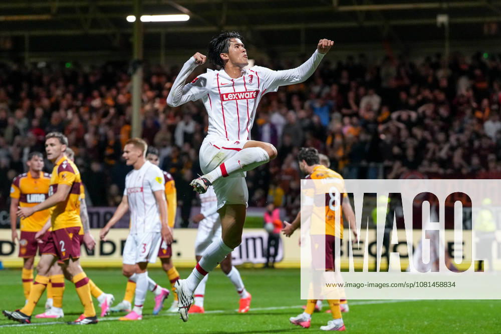 Keisuke Goto SC Freiburg, 42 goal celebration, emotions, shot on goal, finish, goal scored, goal, Scotland, soccer, UEFA Conference League, playoffs, first leg, 2026–2027, Motherwell FC vs. SC Freiburg, August 20, 2026, Fir Park Stadium, Motherwell, North Lanarkshire, Scotland