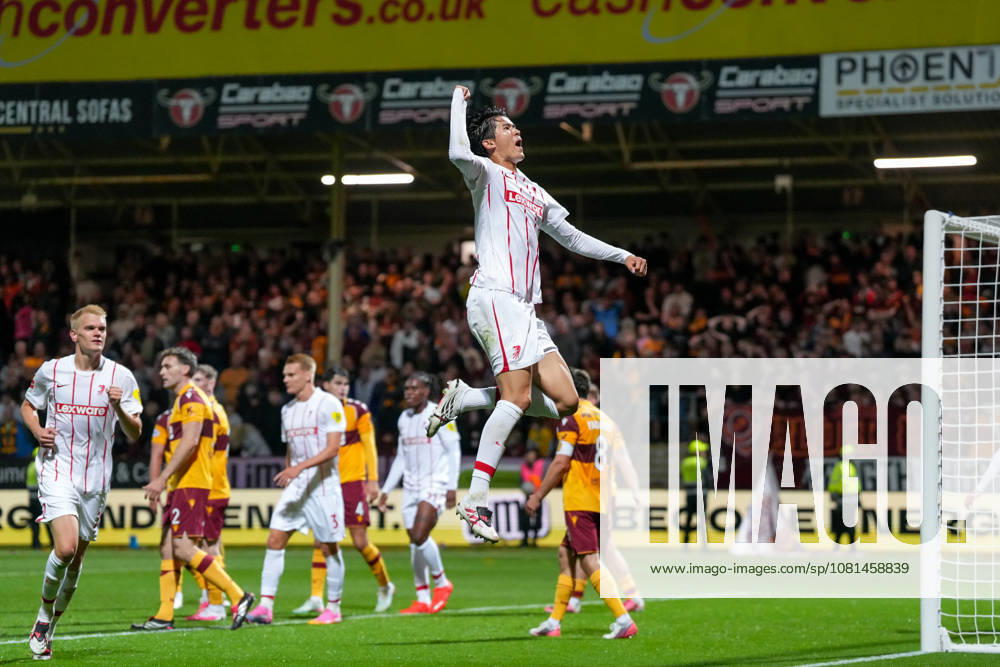 Keisuke Goto SC Freiburg, 42 goal celebration, emotions, shot on goal, finish, goal scored, goal, Scotland, soccer, UEFA Conference League, playoffs, first leg, 2026–2027, Motherwell FC vs. SC Freiburg, August 20, 2026, Fir Park Stadium, Motherwell, North Lanarkshire, Scotland