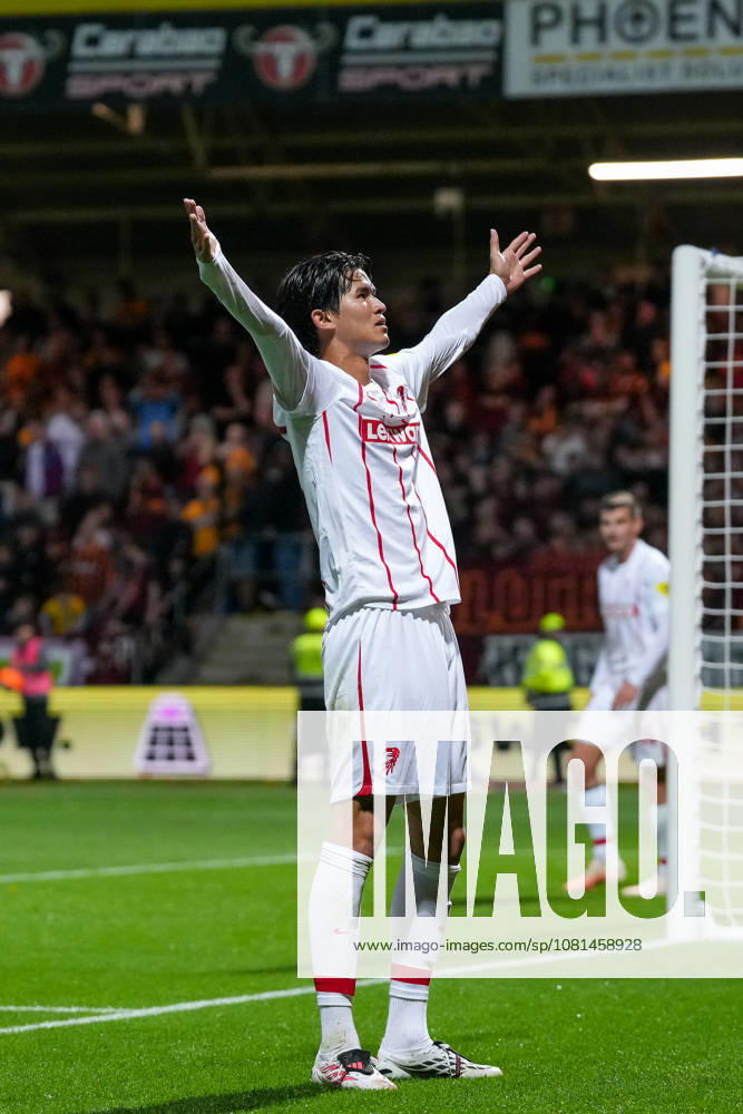 Keisuke Goto, SC Freiburg, 42 goal celebration, emotions, shot on goal, finish, goal scored, goal, Scotland, soccer, UEFA Conference League, playoffs, first leg, 2026–2027, Motherwell FC vs. SC Freiburg, August 20, 2026, Fir Park Stadium, Motherwell, North Lanarkshire, Scotland