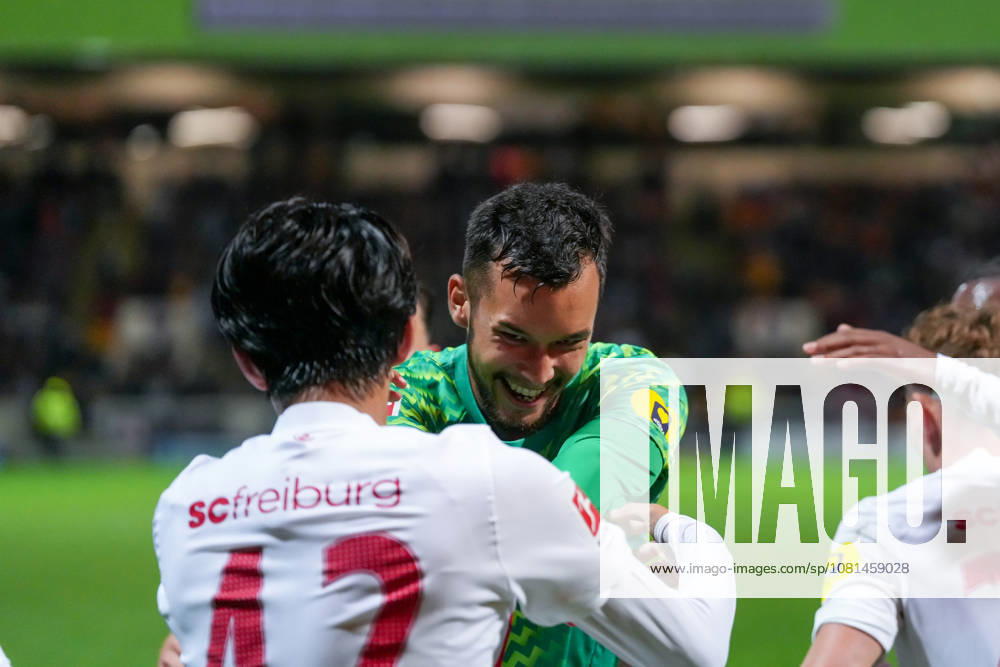 Keisuke Goto, SC Freiburg, 42 goal celebration, emotions, shot on goal, finish, goal scored, goal, Mio Backhaus, SC Freiburg, 01, Scotland, soccer, UEFA Conference League, playoffs, first leg, 2026–2027, Motherwell FC vs. SC Freiburg, August 20, 2026, Fir Park Stadium, Motherwell, Fir Park Stadium, North Lanarkshire, Scotland