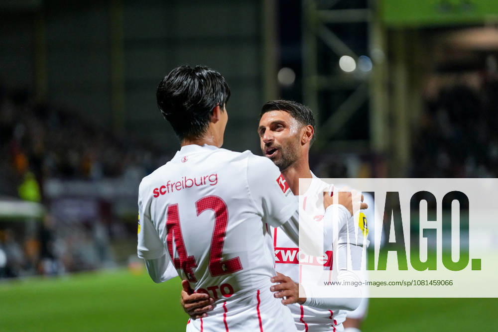 Keisuke Goto, SC Freiburg, 42 goal celebration, emotions, shot on goal, finish, goal scored, goal, Vincenzo Grifo, SC Freiburg, 32, Scotland, soccer, UEFA Conference League, playoffs, first leg, 2026–2027, Motherwell FC vs. SC Freiburg, August 20, 2026, Fir Park Stadium, Motherwell, Fir Park Stadium, North Lanarkshire, Scotland