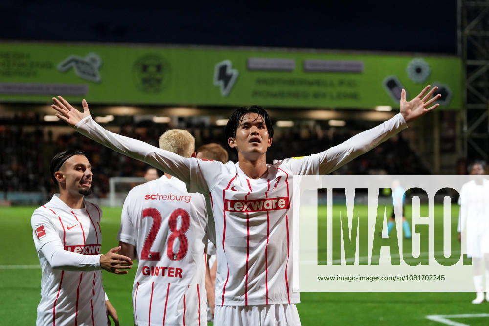 Keisuke Goto, SC Freiburg, 42, goal celebration, emotions, shot on goal, finish, goal scored, goal, Scotland, soccer, UEFA Conference League, playoffs, first leg, 2026–2027, Motherwell FC vs. SC Freiburg, August 20, 2026, Fir Park Stadium, Motherwell, North Lanarkshire, Scotland