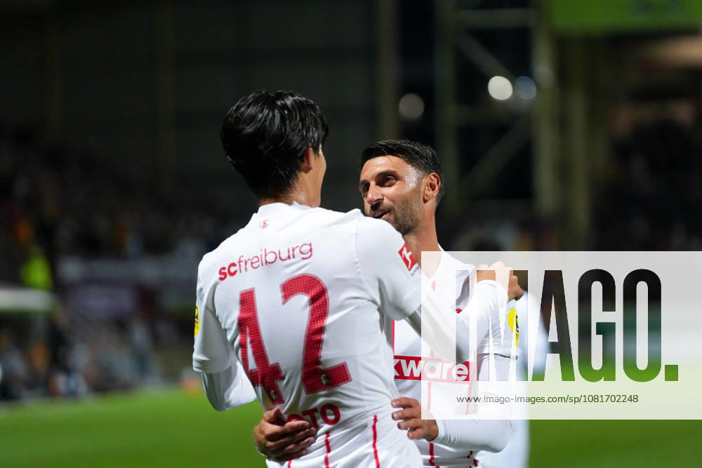 Keisuke Goto, SC Freiburg, 42 goal celebration, emotions, shot on goal, shot, goal scored, goal, Vincenzo Grifo, SC Freiburg, 32, Scotland, soccer, UEFA Conference League, playoffs, first leg, 2026–2027, Motherwell FC vs. SC Freiburg, August 20, 2026, Fir Park Stadium, Motherwell, Motherwell, Fir Park Stadium, North Lanarkshire, Scotland