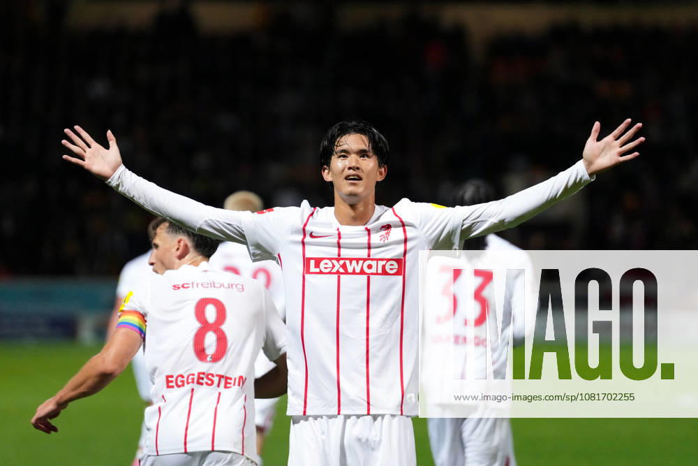 Keisuke Goto, SC Freiburg, 42, goal celebration, emotions, shot on goal, finish, goal scored, goal, Scotland, soccer, UEFA Conference League, playoffs, first leg, 2026–2027, Motherwell FC vs. SC Freiburg, August 20, 2026, Fir Park Stadium, Motherwell, Motherwell, Fir Park Stadium, North Lanarkshire, Scotland