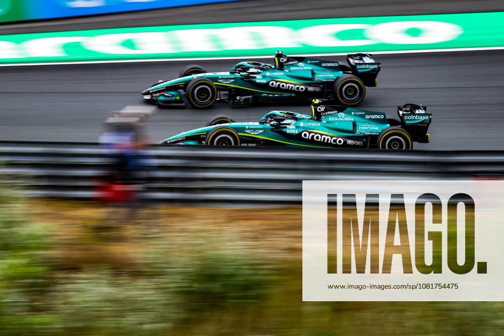 14 ALONSO Fernando (SPA), Aston Martin F1 Team AMR26, 18 STROLL Lance (CAN), Aston Martin F1 Team AMR26, overtaking action, overtaking, dépassement, depassement, overtakes, during the 2026 Formula 1 Dutch Grand Prix, the 12th round of the 2026 Formula One World Championship, held August 21–23, 2026, at Circuit Zandvoort in Zandvoort, Netherlands; Zandvoort, Netherlands