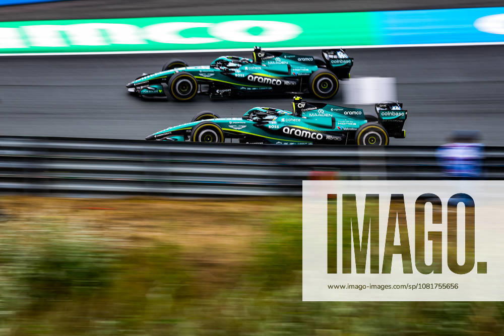 14 ALONSO Fernando (SPA), Aston Martin F1 Team AMR26, 18 STROLL Lance (CAN), Aston Martin F1 Team AMR26, overtaking action, overtaking, dépassement, depassement, overtakes, during the 2026 Formula 1 Dutch Grand Prix, the 12th round of the 2026 Formula One World Championship, held August 21–23, 2026, at the Circuit Zandvoort in Zandvoort, Netherlands; Zandvoort, Netherlands
