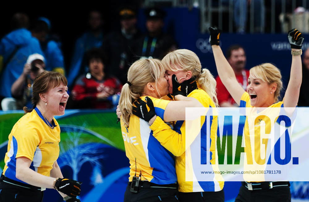 2010 Winter Olympics, Curling, Womens, Final, Canada vs. Sweden: Cathrine Lindahl, Anna Le Moine, and Eva Lund kissing Anette Norberg; Jubilation, Gold, Kiss; Vancouver, Canada