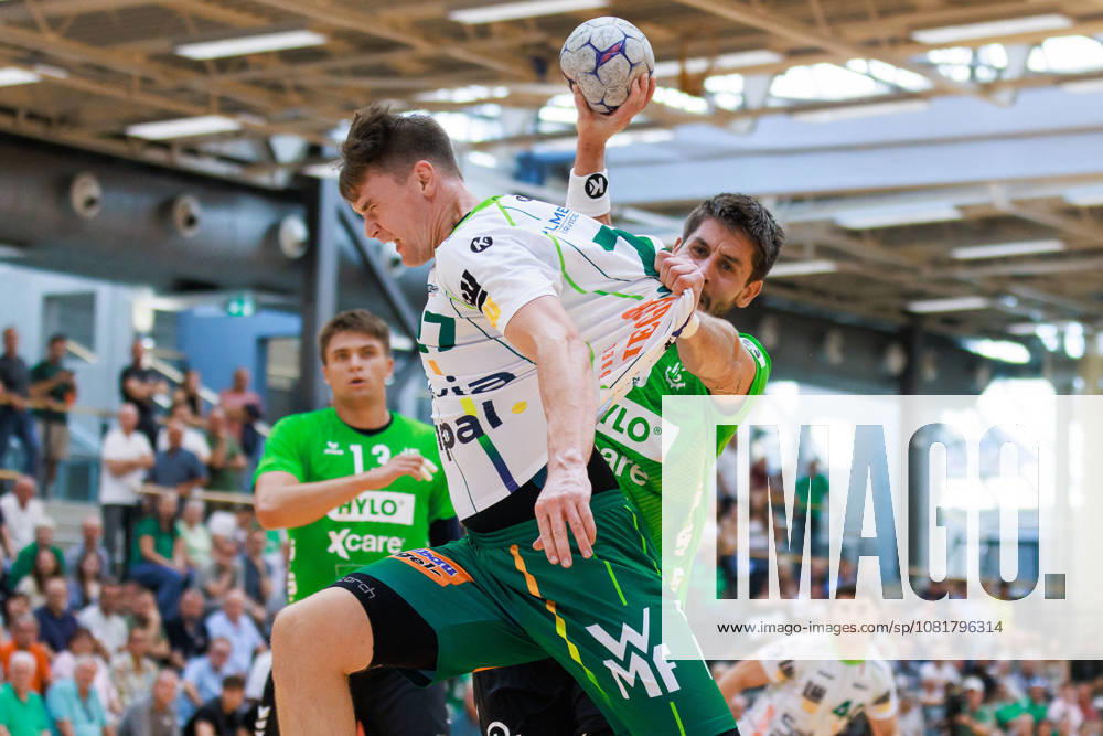 Oskar SUNNEFELDT of FRISCH AUF Goeppingen, No. 27, scores a goal; action; shot on goal; GER; HG Saarlouis vs. FRISCH AUF Goeppingen; handball; DHB Cup; 1st round; 2026–2027 season; August 23, 2026, GER, HG Saarlouis vs. FRISCH AUF Goeppingen, Handball, DHB Cup, Round 1, 2026–2027 season, August 23, 2026, Saarbrücken