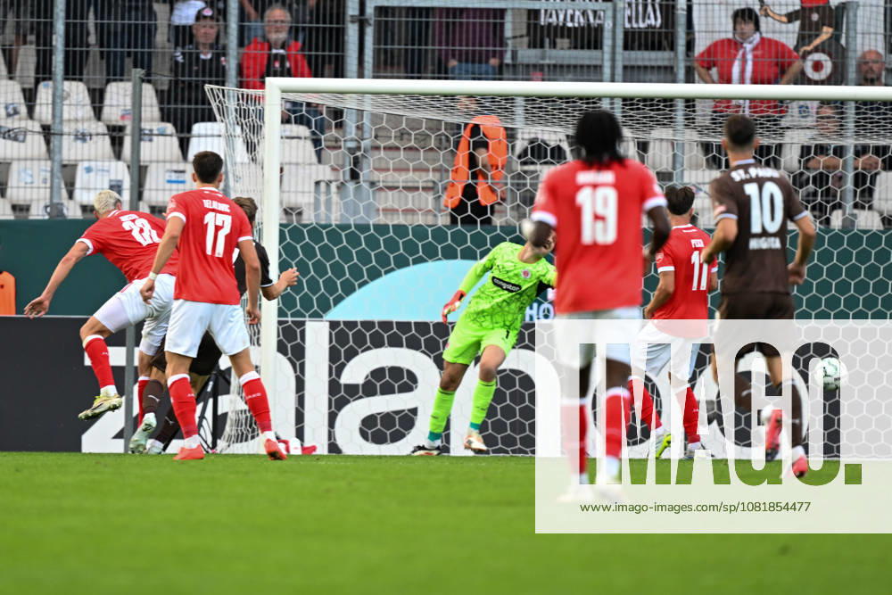 Marek Janssen of Essen scores the goal on 08 23 2026 ¢ Soccer ¢ Rot-Weiss Essen vs. St. Pauli ¢ DFB Cup, Essen Stadium, Essen, DFB DFL REGULATIONS PROHIBIT ANY USE OF PHOTOGRAPHS AS IMAGE SEQUENCES AND OR QUASI-VIDEO NRW Germany
