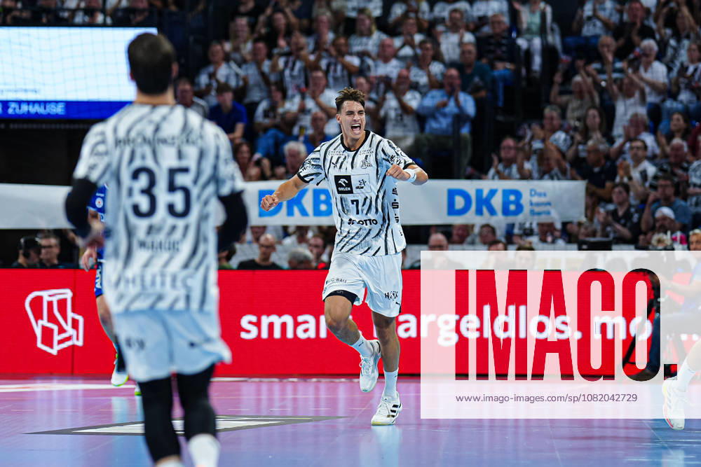 Goal celebration by Julian Köster, THW Kiel, August 7, 2026, THW Kiel vs. TBV Lemgo Lippe, Handball, 1st Bundesliga, Matchday 1, 2026–2027 Season, August 27, 2026, Germany, THW Kiel vs. TBV Lemgo Lippe, Handball, 1st Bundesliga, Matchday 1, 2026–2027 season, August 27, 2026, Kiel