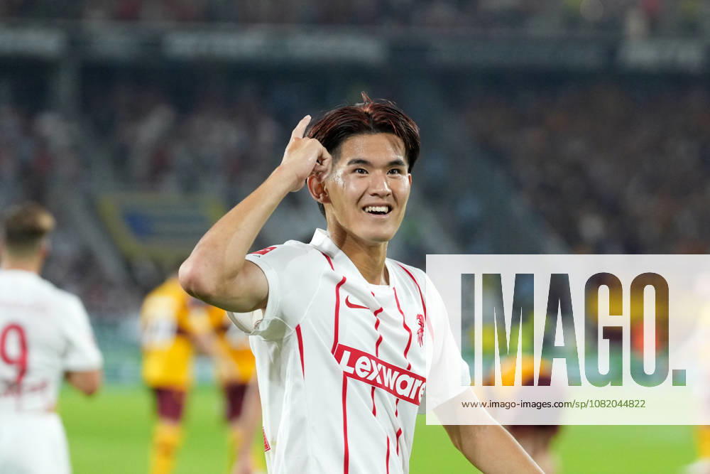 Keisuke Goto, SC Freiburg, 42, goal celebration, emotions, shot on goal, finish, goal scored, goal, hit, Germany, soccer, UEFA Conference League, playoffs, second leg, 2026–2027, SC Freiburg vs. Motherwell FC, August 27, 2026, Europa-Park Stadium, Freiburg, Freiburg, Europa-Park Stadium, Baden-Württemberg, Germany