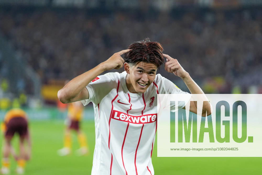 Keisuke Goto, SC Freiburg, 42, goal celebration, emotions, shot on goal, finish, goal scored, goal, hit, Germany, soccer, UEFA Conference League, playoffs, second leg, 2026–2027, SC Freiburg vs. Motherwell FC, August 27, 2026, Europa-Park Stadium, Freiburg, Freiburg, Europa-Park Stadium, Baden-Württemberg, Germany