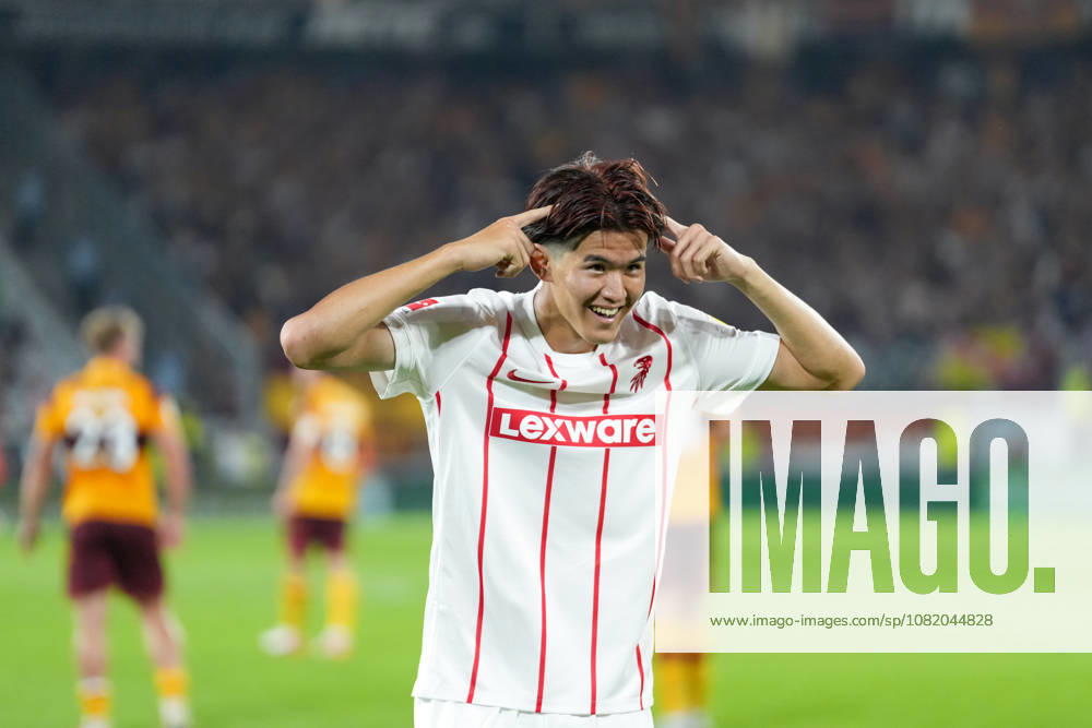 Keisuke Goto, SC Freiburg, 42, goal celebration, emotions, shot on goal, finish, goal scored, goal, hit, Germany, soccer, UEFA Conference League, playoffs, second leg, 2026–2027, SC Freiburg vs. Motherwell FC, August 27, 2026, Europa-Park Stadium, Freiburg, Freiburg, Europa-Park Stadium, Baden-Württemberg, Germany