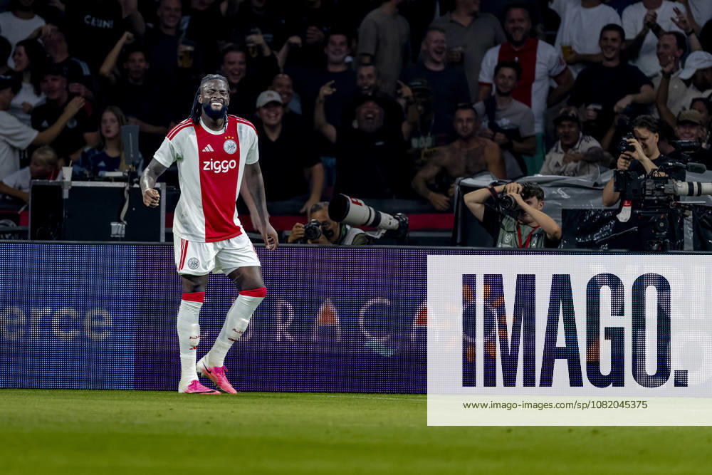 AMSTERDAM — AFC Ajax Amsterdam forward Toluwalase Arokodare celebrates his goal during the UEFA Conference League at the Johan Cruijff ArenA on August 27, 2026, in Amsterdam, the Netherlands. Photo by DeFodi Images