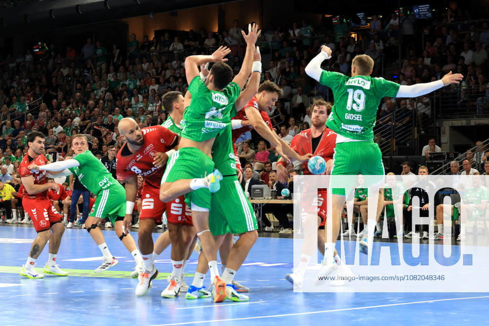 GER Germany, Handball, 1st Bundesliga, August 27, 2026, 2026–2027 season, Berlin, Fuechse Berlin vs. Melsungen, Mathias Gidsel (Fuechse Berlin) 19, Lauro Pichiri (Fuechse Berlin) 24, Aaron Mensing (MT Melsungen) 33, Adrian Sipos (MT Melsungen) 8, Max Schmeling Hall, Berlin, Germany