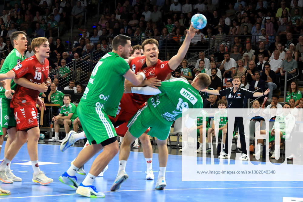 GER Germany, Handball, 1st Bundesliga, August 27, 2026, 2026–2027 season, Berlin, Fuechse Berlin vs. Melsungen, Mijajlo Marsenic (Fuechse Berlin 93), Mathias Gidsel (Fuechse Berlin 19), Aaron Mensing (MT Melsungen 33), Max Schmeling Hall, Berlin, Germany