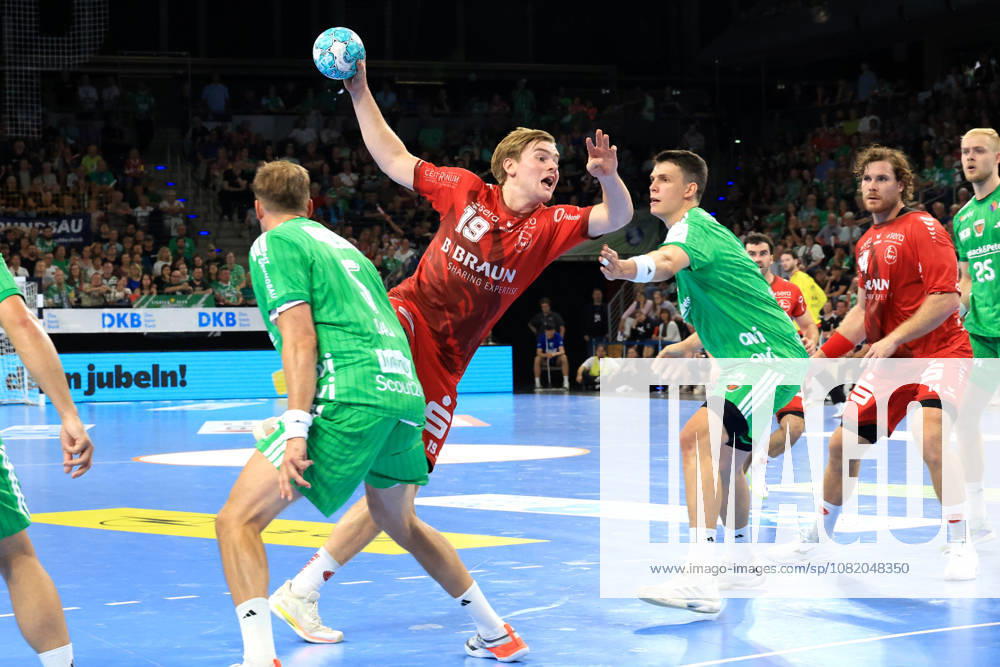 GER Germany, Handball, 1st Bundesliga, August 27, 2026, 2026–2027 season, Berlin, Fuechse Berlin vs. Melsungen Max Darj (Fuechse Berlin 5), Simak, Frederik (Fuechse Berlin 9), Reynir Thor Stefansson (MT Melsungen 19), Max Schmeling Hall, Berlin, Germany