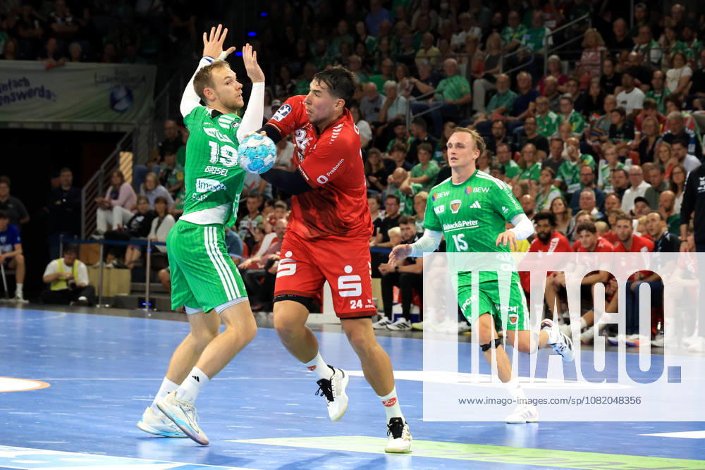 GER Germany, Handball, 1st Bundesliga, August 27, 2026, 2026–2027 season, Berlin, Fuechse Berlin vs. Melsungen; Mathias Gidsel (Fuechse Berlin) 19, Tobias Grondahl (Fuechse Berlin) 15, Daniel Dujshebaev (MT Melsungen) 24; Max Schmeling Halle, Berlin, Germany