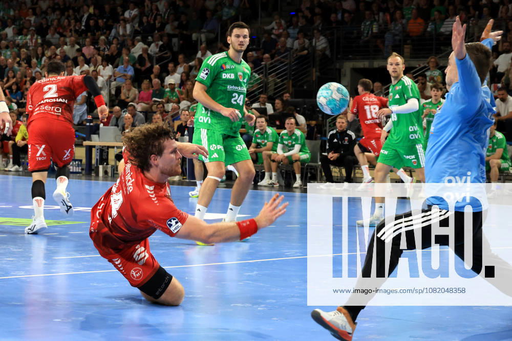 GER Germany, Handball, 1st Bundesliga, August 27, 2026, 2026–2027 season, Berlin, Füchse Berlin vs. Melsungen Palicka, Andreas Füchse Berlin 12, Ben Beekmann MT Melsungen 14, Max Schmeling Halle, Berlin, Germany