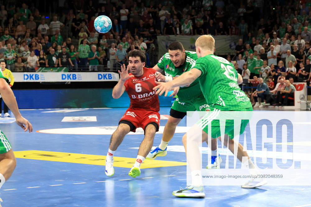 GER Germany, Handball, 1st Bundesliga, August 27, 2026, 2026–2027 season, Berlin, Fuechse Berlin vs. Melsungen, Mijajlo Marsenic (Fuechse Berlin) 93, Matthes Langhoff (Fuechse Berlin) 25, Erik Balenciaga (MT Melsungen) 6, Berlin Max Schmeling Hall, Berlin, Germany