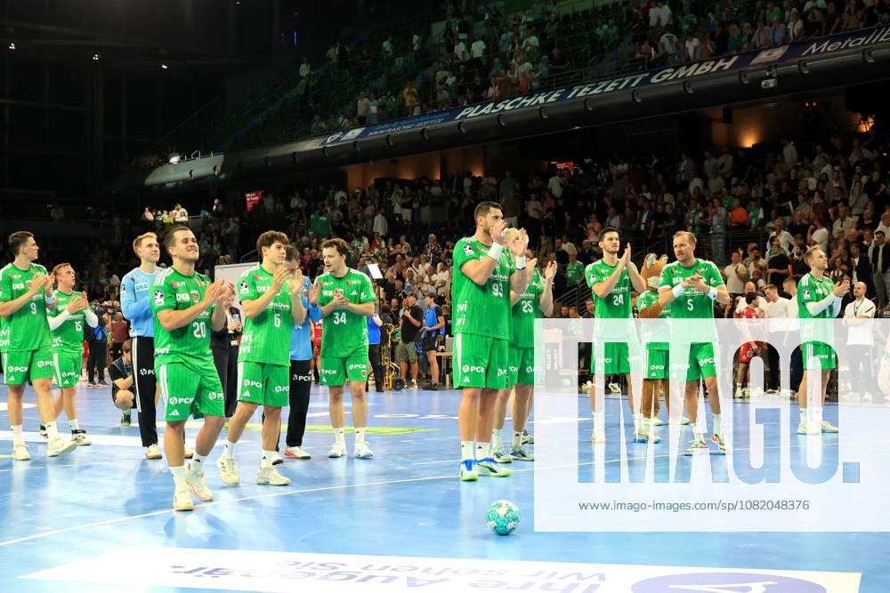 GER Germany, Handball, 1st Bundesliga, August 27, 2026, 2026–2027 season, Berlin, Fuechse Berlin vs. Melsungen Fuechse player group, Mathias Gidsel (Fuechse Berlin 19), Prantner, Leo (Fuechse Berlin 6), celebration, cheering, joy, happiness, happy, positive emotions, Max Schmeling Halle, Berlin, Germany