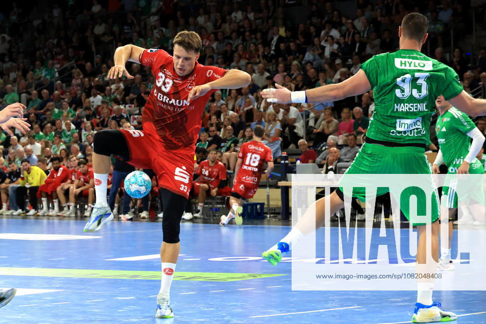 GER Germany, Handball, 1st Bundesliga, August 27, 2026, 2026–2027 season, Berlin, Fuechse Berlin vs. Melsungen, Mijajlo Marsenic (Fuechse Berlin 93), Aaron Mensing (MT Melsungen 33), Max Schmeling Halle, Berlin, Germany