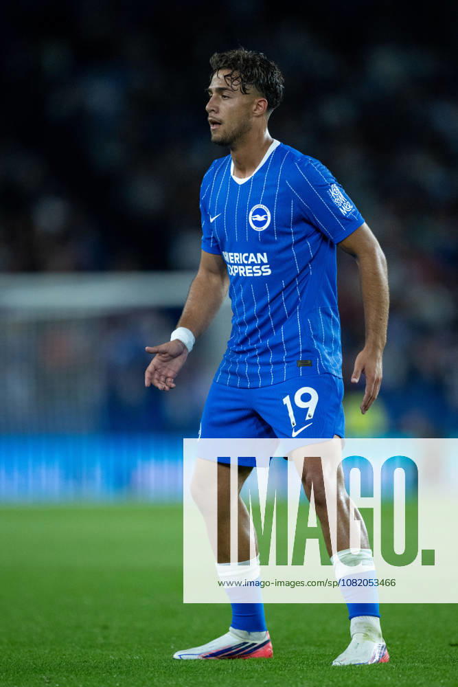 Charalampos Kostoulas of Brighton & Hove Albion wearing the club s blue Nike home shirt with thin white vertical pinstripes, blue shorts with the white number 19, blue socks. Photo by Sebastian Frej UEFA Conference League Play-off Second Leg match: Brighton & Hove Albion and Tromso IL at BRIGHTON, ENGLAND