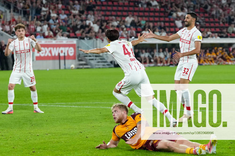 Keisuke Goto, SC Freiburg, 42, goal celebration, emotions, shot on goal, finish, goal scored, goal, hit, Germany, soccer, UEFA Conference League, playoffs, second leg, 2026–2027, SC Freiburg vs. Motherwell FC, August 27, 2026, Europa-Park Stadium, Freiburg, Freiburg, Europa-Park Stadium, Baden-Württemberg, Germany