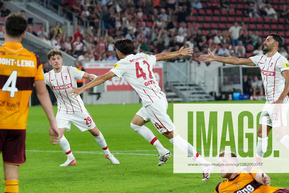 Keisuke Goto, SC Freiburg, 42, goal celebration, emotions, shot on goal, finish, goal scored, goal, hit, Germany, soccer, UEFA Conference League, playoffs, second leg, 2026–2027, SC Freiburg vs. Motherwell FC, August 27, 2026, Europa-Park Stadium, Freiburg, Freiburg, Europa-Park Stadium, Baden-Württemberg, Germany