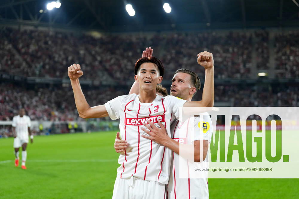 Keisuke Goto, SC Freiburg, 42 goal celebration, emotions, shot on goal, finish, goal scored, goal, Lucas Höler, Lucas Hoeler, SC Freiburg, 09, Germany, soccer, UEFA Conference League, playoffs, second leg, 2026–2027, SC Freiburg vs. Motherwell FC, August 27, 2026, Europa-Park Stadium, Freiburg, Freiburg, Europa-Park Stadium, Baden-Württemberg, Germany