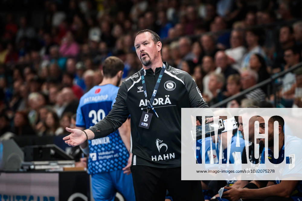 Misha Kaufmann of TVB Stuttgart, the coach, gesticulates on the sidelines, initially visibly disappointed after a rough start against Bergischer HC GER, TVB Stuttgart vs. Bergischer HC, Opel HBL, Handball, Bundesliga, Matchday 1, 2026–2027 season, August 28, 2026, TVB Stuttgart vs. Bergischer HC, Opel HBL, Handball, Bundesliga, Matchday 1, 2026–2027 season, August 28, 2026, Stuttgart