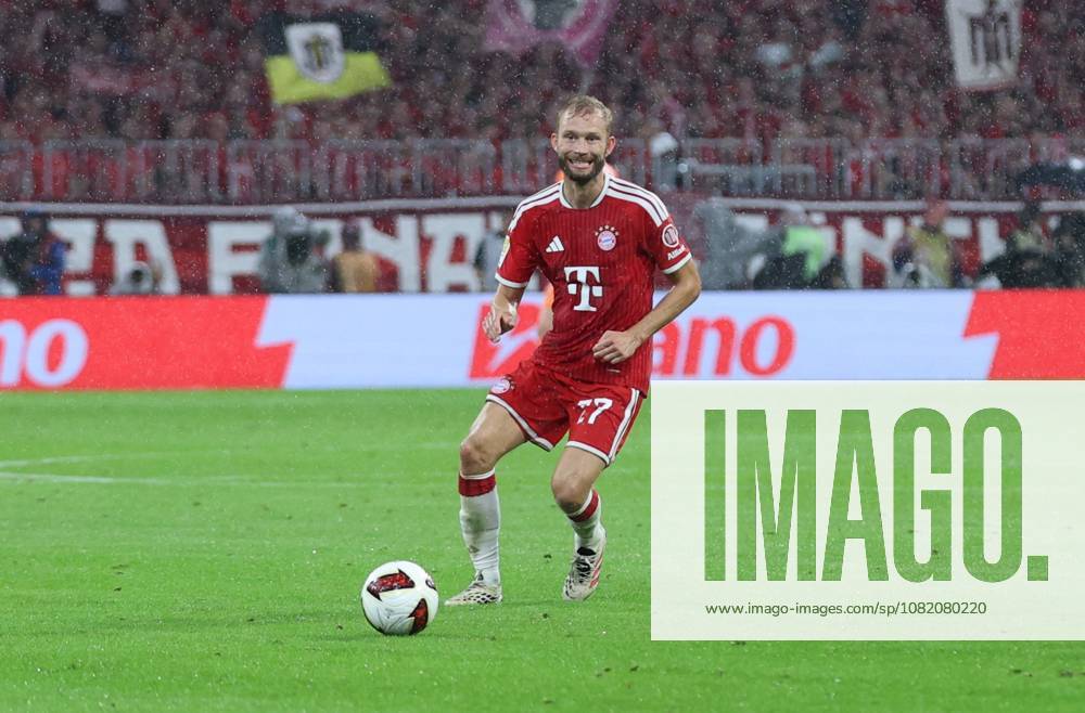 GER, Soccer, Men s, 1. Bundesliga, 2026–2027 Season, Matchday 1, FC Bayern Munich vs. VfB Stuttgart, Individual Play, Full-Body Shot, Isolated Figure, Konrad Laimer, FC Bayern Munich, 27, DFB and DFL regulations prohibit any use of photographs as image sequences and or quasi-video, Munich, Allianz Arena, Bayern, Germany